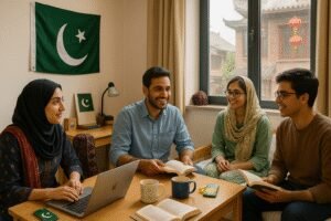 Pakistani and international students enjoying hostel life in a modern Chinese university dormitory with safe and separate accommodation.